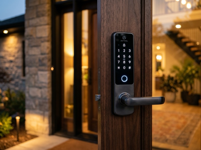 Fechadura digital com teclado e biometria instalada em porta